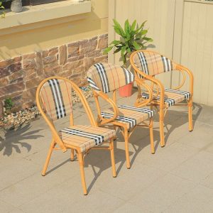 Bộ 3 ghế cafe sân vườn nhôm giả mây, họa tiết caro sang trọng