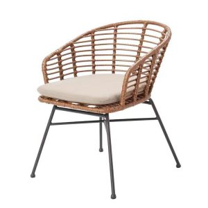 Ghế sân vườn giả mây khung sắt, nệm kem, phong cách hiện đại
