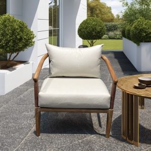Ghế đơn sân vườn khung gỗ teak, nệm kem, phong cách hiện đại ngoài trời