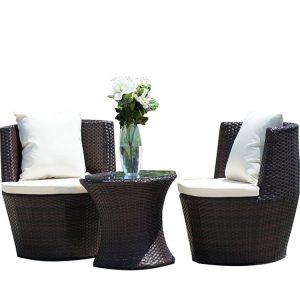 Bộ bàn ghế giả mây ngoài trời 3 món, nệm trắng, phù hợp ban công, sân vườn