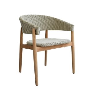Ghế ăn ngoài trời khung gỗ teak, đan dây nhựa giả mây màu ghi sáng, phong cách hiện đại