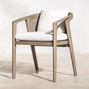 Ghế ăn ngoài trời khung gỗ teak, đan mây, nệm trắng hiện đại