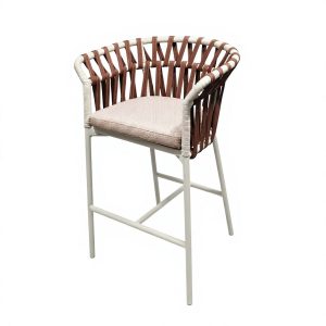 Ghế bar ngoài trời khung nhôm sơn tĩnh điện, đan dây rope nâu, nệm ngồi màu be hiện đại