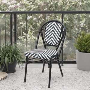 Ghế cafe sân vườn nhôm giả mây đan zigzag đen trắng đặt ngoài ban công