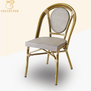 Ghế sân vườn nhôm giả tre, nệm họa tiết, phong cách Pháp cổ điển