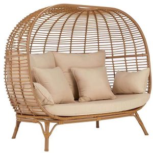 Ghế đôi lồng trứng ngoài trời đan nhựa giả mây màu be, kèm nệm và gối tựa