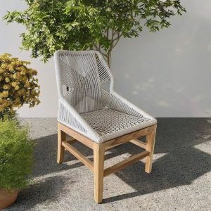 Ghế ăn ngoài trời khung gỗ teak, dây rope xám, đặt sân vườn