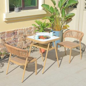 Bộ bàn ghế ngoài trời 3 món khung nhôm giả gỗ, dây rope, phù hợp ban công