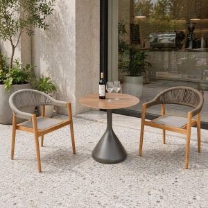 Bộ bàn ghế cafe ngoài trời 3 món hiện đại, khung gỗ teak, đan dây rope, đặt sân vườn sang trọng