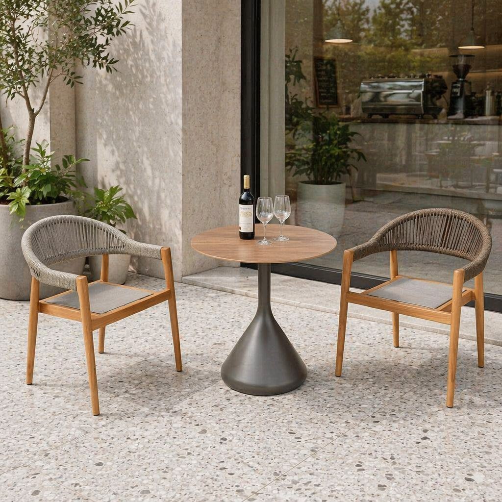 Bộ bàn ghế cafe ngoài trời 3 món hiện đại, khung gỗ teak, đan dây rope, đặt sân vườn sang trọng