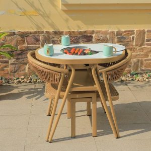 Bộ bàn ghế ngoài trời 3 món khung nhôm, mặt bàn có bếp nướng BBQ, thiết kế xếp gọn