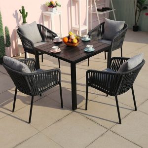 Bộ bàn ghế sân vườn 4 ghế 1 bàn, khung nhôm, dây rope, nệm ghi xám, phong cách hiện đại