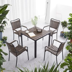 Bộ bàn ghế sân vườn 5 món khung nhôm mặt nhựa giả gỗ hiện đại, phù hợp ngoài trời