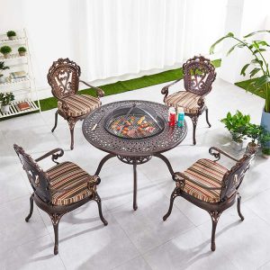 Bộ bàn ghế sân vườn nhôm đúc 5 món có bếp nướng BBQ, nệm sọc nhiều màu