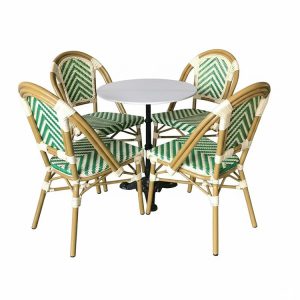 Bộ bàn ghế cafe sân vườn giả mây màu xanh lá phối trắng, 4 ghế 1 bàn tròn