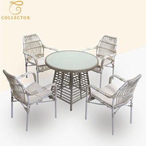 Bộ bàn ghế sân vườn 5 món giả mây khung nhôm, mặt bàn kính, phong cách hiện đại