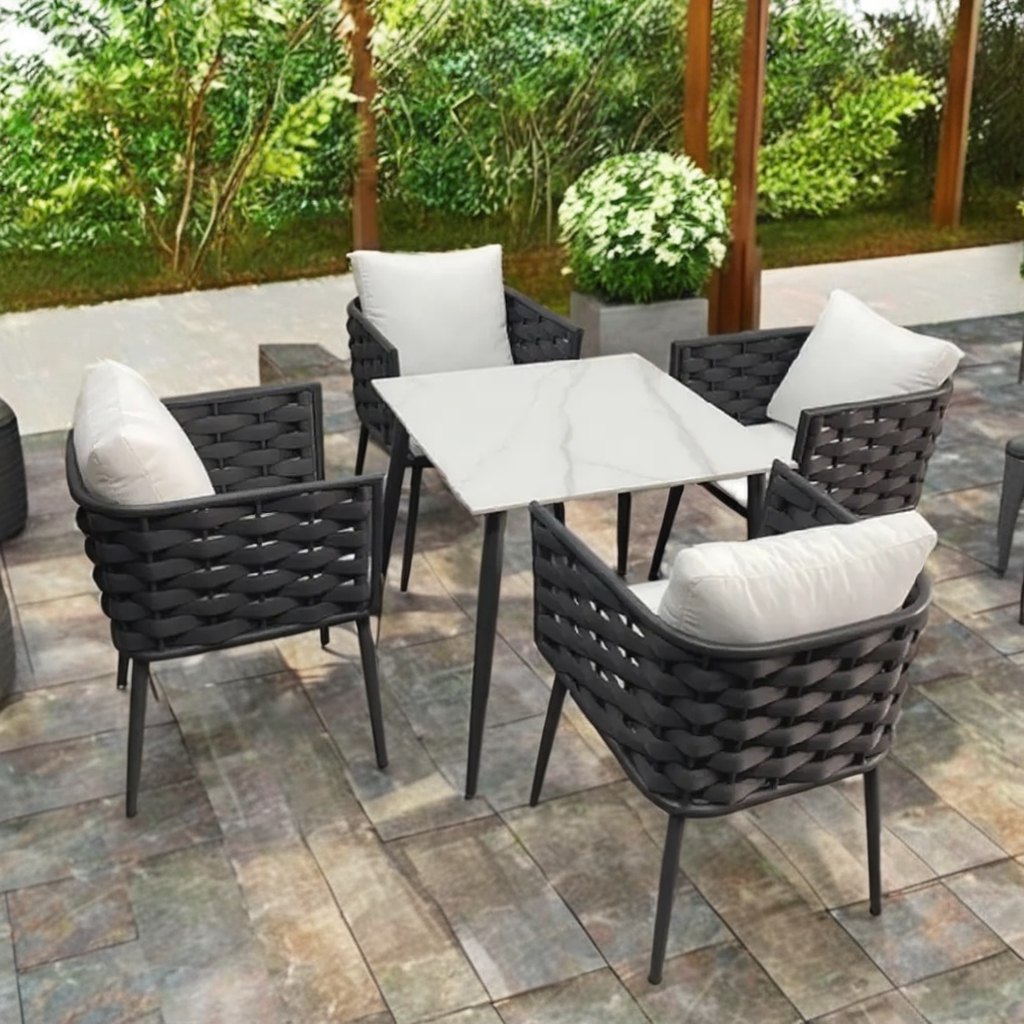 Bộ bàn ghế sân vườn 4 ghế 1 bàn vuông mặt kính marble, dây đan hiện đại