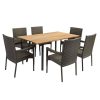 Bộ bàn ghế sân vườn 6 ghế nhựa giả mây, bàn mặt gỗ teak, phù hợp ngoài trời