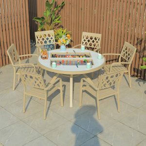 Bộ bàn ghế ngoài trời nhôm đúc 7 món, bàn tròn tích hợp bếp nướng BBQ, phù hợp sân vườn