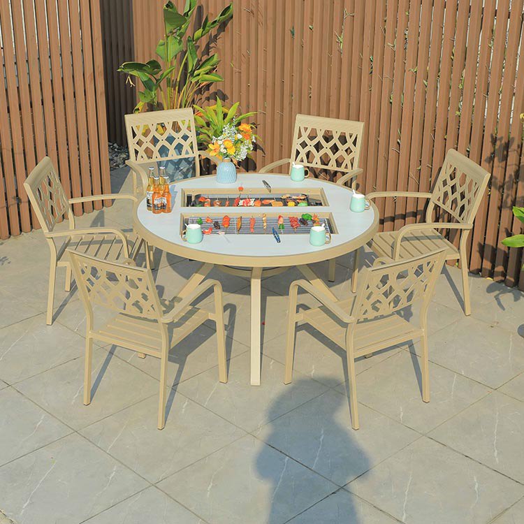 Bộ bàn ghế ngoài trời nhôm đúc 7 món, bàn tròn tích hợp bếp nướng BBQ, phù hợp sân vườn