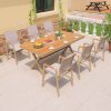 Bộ bàn ghế sân vườn 7 món khung nhôm, mặt bàn giả gỗ, 6 ghế nệm ghi sáng ngoài trời