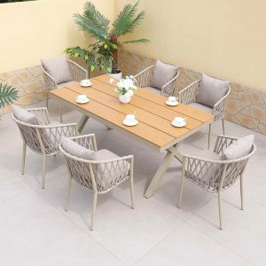 Bộ bàn ghế sân vườn 7 món khung nhôm dây rope mặt bàn chữ nhật, nệm ghi sang trọng