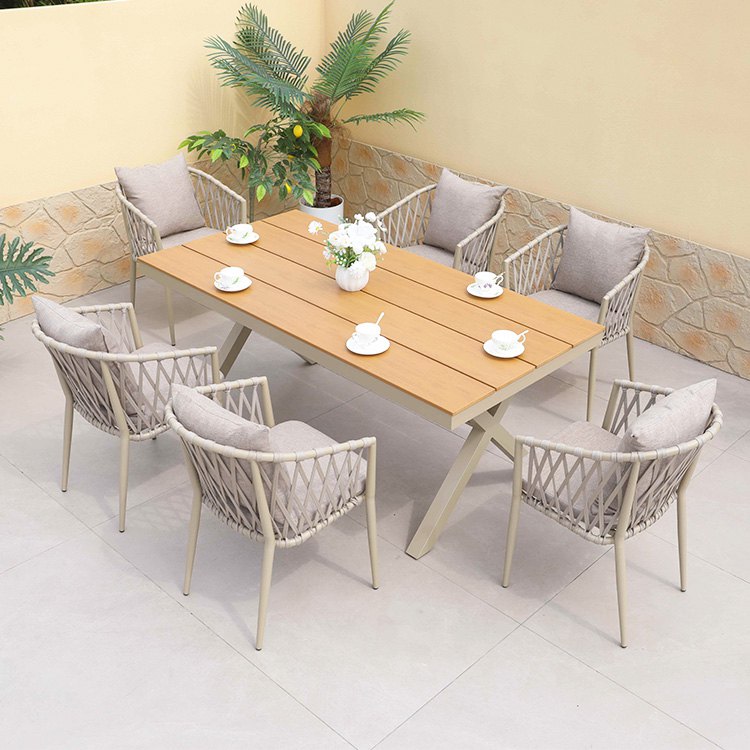 Bộ bàn ghế sân vườn 7 món khung nhôm dây rope mặt bàn chữ nhật, nệm ghi sang trọng