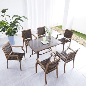 Bộ bàn ghế sân vườn 7 món nhôm giả gỗ mặt kính, phù hợp ngoài trời