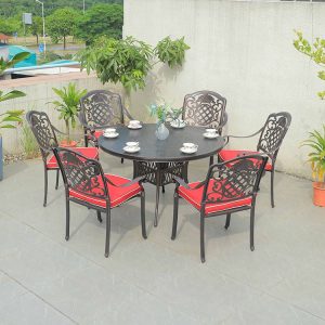 Bộ bàn ghế sân vườn nhôm đúc 7 món, mặt bàn tròn, nệm đỏ nổi bật, phong cách tân cổ điển