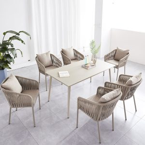 Bộ bàn ghế ăn ngoài trời 7 món khung nhôm đan dây rope, nệm dày màu be sang trọng