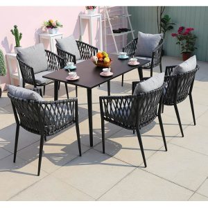 Bộ bàn ghế sân vườn 7 món hiện đại, dây rope đen, nệm ghi, phù hợp ngoài trời