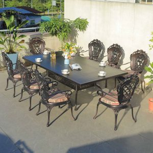 Bộ bàn ghế sân vườn nhôm đúc 8 ghế lưng hoa văn cổ điển, bàn chữ nhật lớn ngoài trời