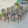 Bộ bàn ghế sân vườn nhôm đúc 8 ghế 1 bàn chữ nhật, nệm sọc vàng xám, phong cách tân cổ điển