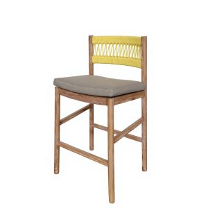 Ghế bar ngoài trời khung gỗ teak, tựa lưng dây rope vàng, nệm ghi xám