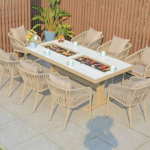 Bộ bàn ghế sân vườn nhôm đan dây rope 7 món, bàn dài tích hợp bếp nướng BBQ ngoài trời