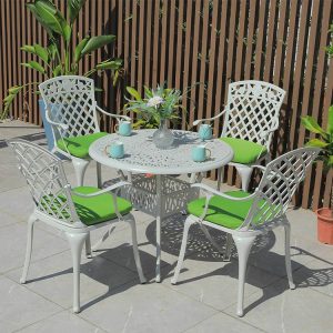 Bộ bàn ghế sân vườn nhôm đúc 5 món màu trắng kem, nệm xanh lá, kiểu dáng hiện đại