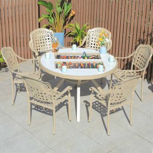 Bộ bàn ghế sân vườn nhôm 6 ghế lưng vuông, bàn tròn tích hợp bếp nướng BBQ ngoài trời