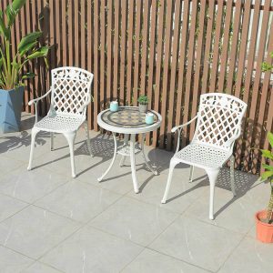Bộ bàn ghế nhôm đúc ngoài trời 3 món phong cách châu Âu, mặt bàn mosaic sang trọng
