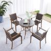 Bộ bàn ghế sân vườn 5 món khung nhôm giả gỗ, bàn tròn kính cường lực, 4 ghế đơn đan mây PE