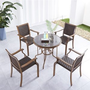 Bộ bàn ghế sân vườn 5 món khung nhôm giả gỗ, bàn tròn kính cường lực, 4 ghế đơn đan mây PE