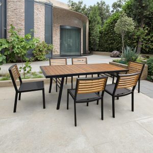 Bộ bàn ghế ăn ngoài trời 7 món khung nhôm mặt gỗ, phong cách hiện đại, đặt sân vườn sang trọng