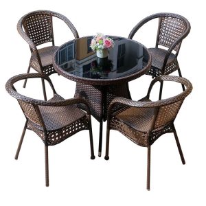Bộ bàn ghế sân vườn giả mây 5 món, bàn tròn kính cường lực, phù hợp quán cafe ngoài trời