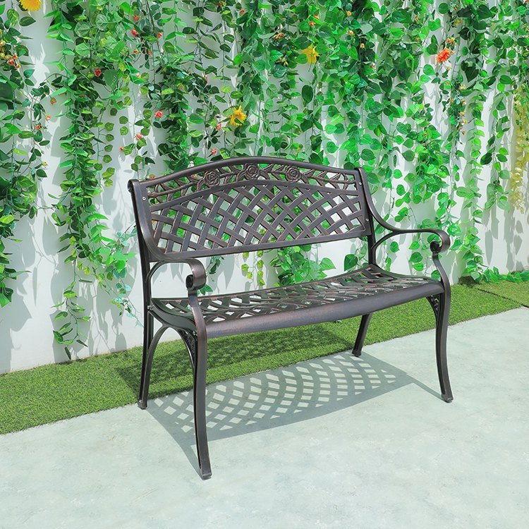 Ghế băng nhôm đúc ngoài trời màu đồng giả cổ, đặt sân vườn