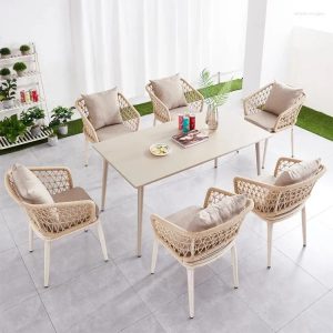Bộ bàn ghế sân vườn 7 món khung nhôm đan dây rope hiện đại, nệm êm, phù hợp ngoài trời