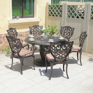 Bộ bàn ghế sân vườn nhôm đúc 6 ghế, nệm sọc nhiều màu, phong cách tân cổ điển