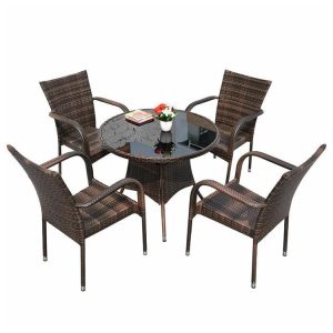 Bộ bàn tròn kính cường lực và 4 ghế nhựa giả mây ngoài trời sang trọng