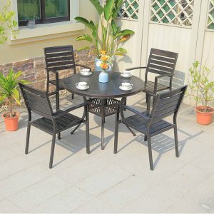 Bộ bàn ghế sân vườn nhôm 4 ghế nan ngang hiện đại, bàn tròn, phù hợp ngoài trời