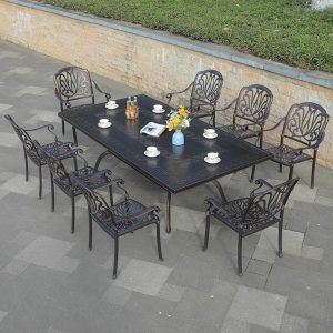 Bộ bàn ghế sân vườn nhôm đúc 8 ghế không nệm, phong cách tân cổ điển ngoài trời