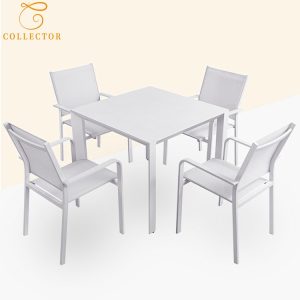 Bộ bàn ghế sân vườn nhôm 5 món màu trắng hiện đại, phù hợp ngoài trời