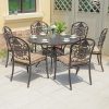 Bộ bàn ăn ngoài trời nhôm đúc 6 ghế hoa văn cổ điển, nệm sọc vàng-nâu sang trọng